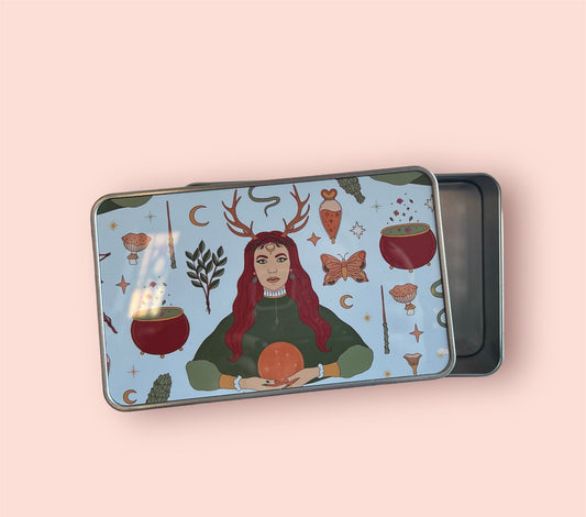 Red Haired Deer Woman Metal Tin